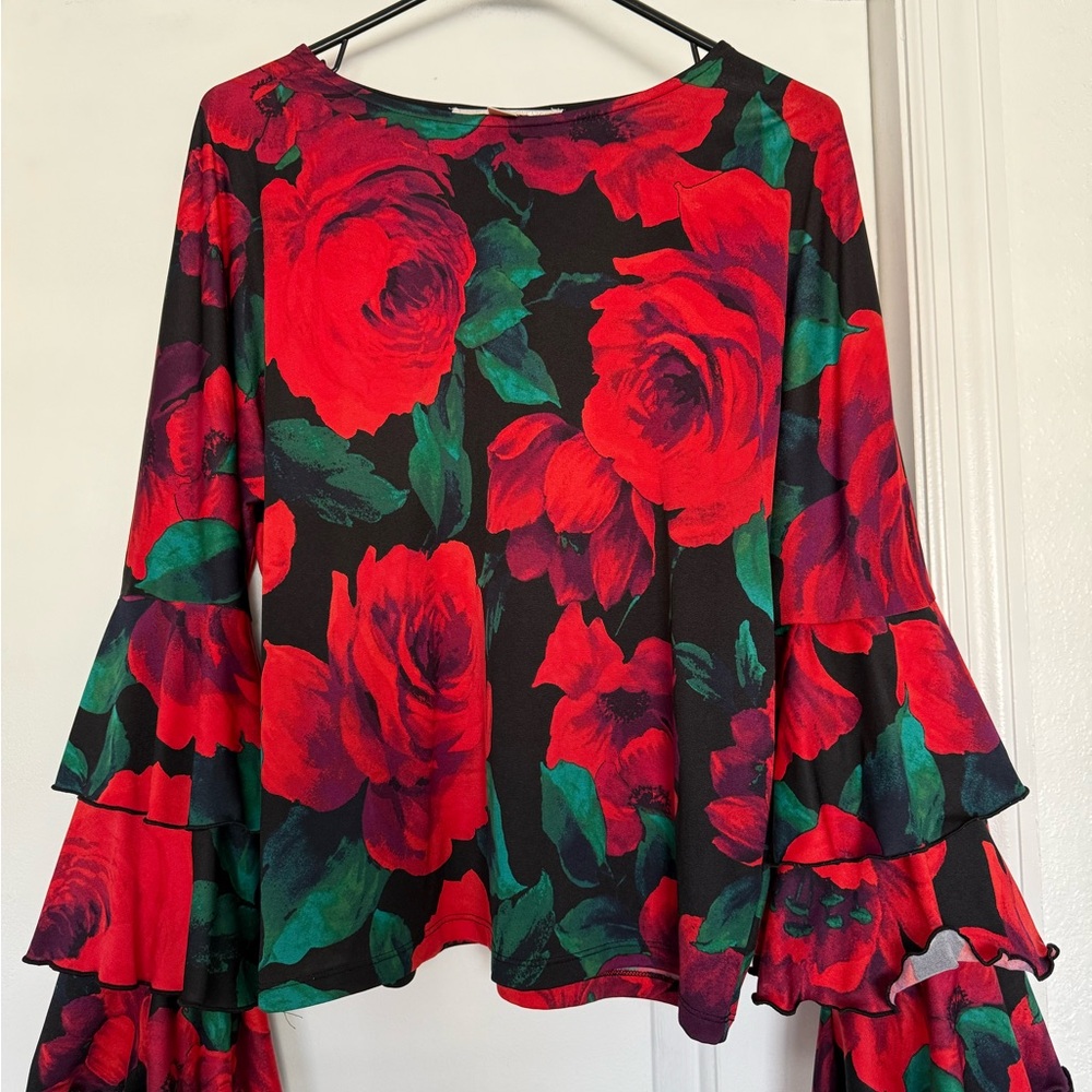 Boston Proper Red and Green Floral Bell Sleeve Blouse